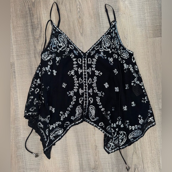 Free People Black Sequin Asymmetrical Tie Camisole Top XS - Picture 2 of 3